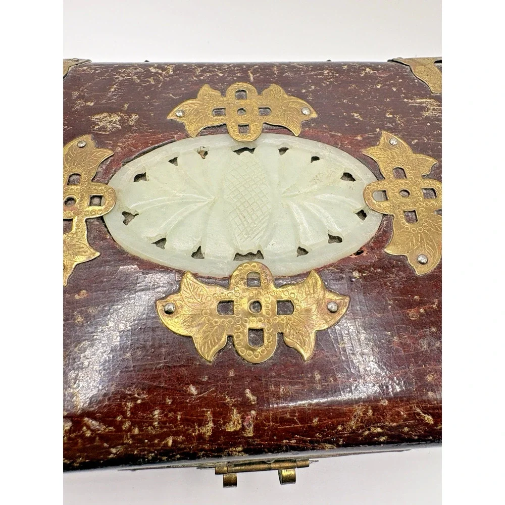 Vintage Chinese Jewelry Box Rosewood Jade Brass Fish Floral Details 6.5”x4”x3”